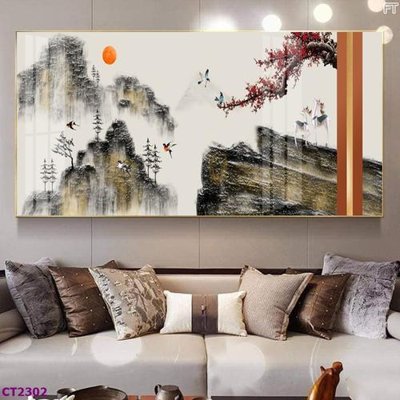 File in trần File tranh cây tiền tài lộc hoa đào tết CT2302 (bản gốc) bầu trời