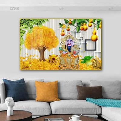 File in trần Tranh thần tài cây tiền CT349 (bản gốc) mây trời