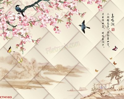 Ảnh gốc file in lụa File tranh hoa đào hoa mai tài lộc CT4103 chi tiết