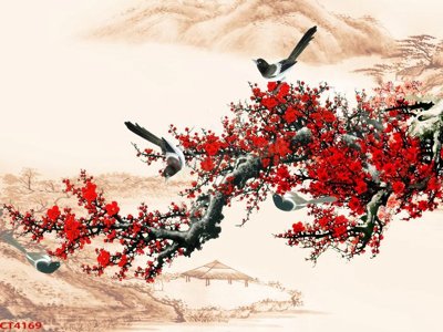 File tranh gốc PSD File tranh hoa đào hoa mai tài lộc CT4169 còn nguyên layer