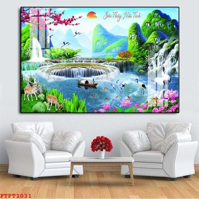 File in mica Tranh sơn thủy thác nước FTPT2031 (bản gốc) làm vách ngăn