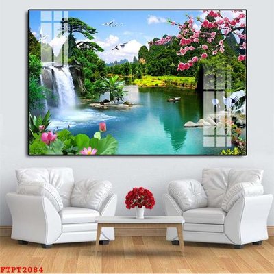 Download file Tranh sơn thủy thác nước FTPT2084 (gốc) in mica ốp bếp
