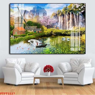 File gốc Tranh sơn thủy thác nước FTPT2127 (in lụa) tranh mã đáo