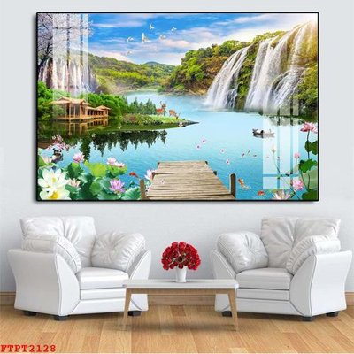 Download file Tranh sơn thủy thác nước FTPT2128 (gốc) in mica bàn thờ