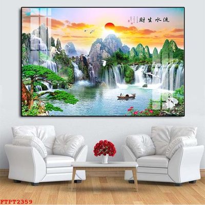 File gốc Tranh sơn thủy thác nước FTPT2359 (in lụa) hoa văn cổ điển