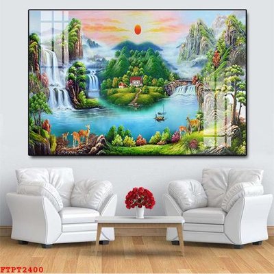 File gốc Tranh sơn thủy thác nước FTPT2400 (in lụa) chi tiết cao