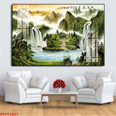 File in trần Tranh sơn thủy thác nước FTPT2427 (bản gốc) hoa văn