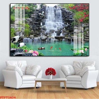 File in trần Tranh sơn thủy thác nước FTPT2434 (bản gốc 3D) sống động