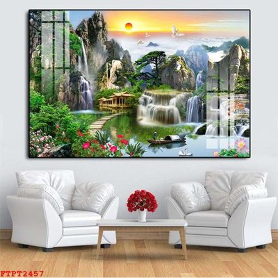 File in mica Tranh sơn thủy thác nước FTPT2457 (bản gốc) làm vách ngăn