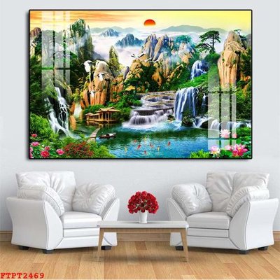 File gốc in tráng gương Tranh sơn thủy thác nước FTPT2469 chi tiết