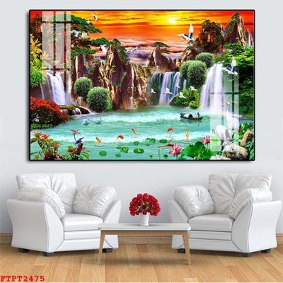 File gốc Tranh sơn thủy thác nước FTPT2475 (in lụa) tranh thuận buồm