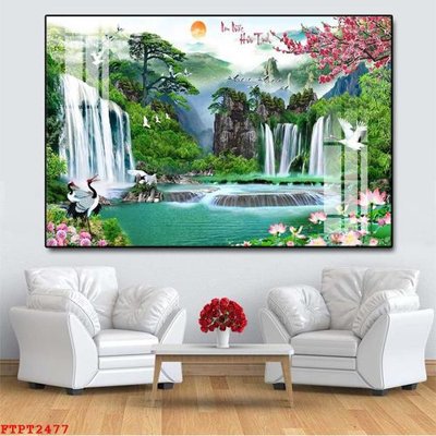 File in trần Tranh sơn thủy thác nước FTPT2477 (bản gốc 3D) sống động