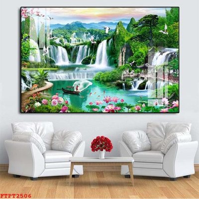 File in trần Tranh sơn thủy thác nước FTPT2506 (bản gốc) phong cảnh