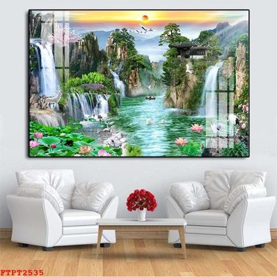 File gốc Tranh sơn thủy thác nước FTPT2535 (in tráng gương) nghệ thuật