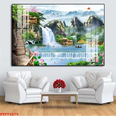 File tranh Tranh sơn thủy thác nước FTPT2579 (bản gốc) treo phòng ăn
