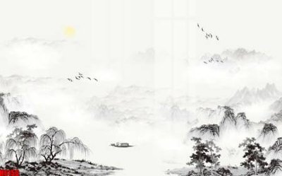 File gốc file tranh nền tường thủy mặc tổng hợp H6150 (in lụa) tranh thuận buồm