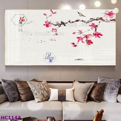 Download file gốc File tranh hoa và chim tối giản trung quốc HC1142 (in lụa) hoa lá