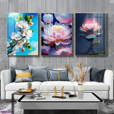 Download file Tranh bộ 3 hoa sen 5d đẹp HM139 (gốc) in mica bàn thờ