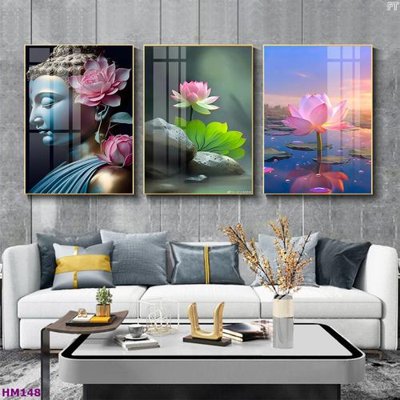 File gốc Tranh bộ 3 hoa sen 5d đẹp HM148 (in tráng gương) hiện đại