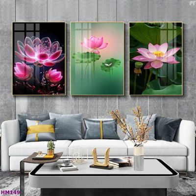 Download file Tranh bộ 3 hoa sen 5d đẹp HM149 (gốc) in mica đèn LED