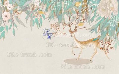 Ảnh gốc File tranh gốc dán tường hươu nai sừng K47006 (độ nét cao) in tráng gương