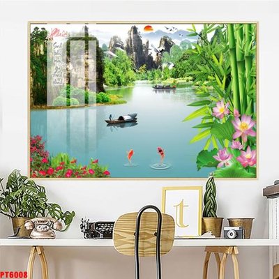 File gốc Tranh sơn thủy thác nước PT6008 (in tráng gương) hiện đại