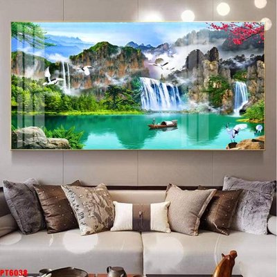 File tranh Tranh sơn thủy thác nước PT6038 (bản gốc) in lụa 5D