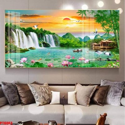 Tải file gốc in lụa Tranh sơn thủy thác nước PT6063 siêu nét