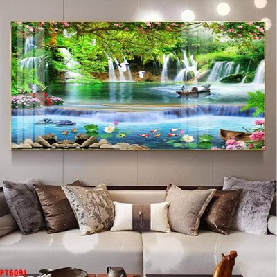 Ảnh gốc Tranh sơn thủy thác nước PT6091 (nét căng) in mica