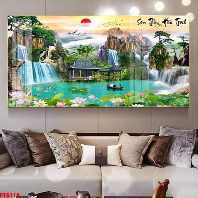 Download file gốc Tranh sơn thủy thác nước PT6110 (in lụa) hoa lá