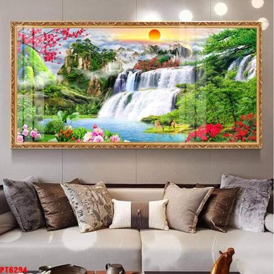 Ảnh gốc Tranh sơn thủy thác nước PT6294 (nét căng) in mica
