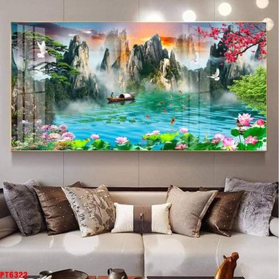 File gốc Tranh sơn thủy thác nước PT6322 (in lụa) hoa văn cổ điển