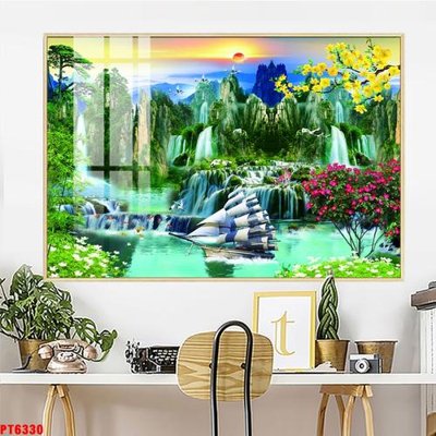 File tranh gốc Tranh sơn thủy thác nước PT6330 chủ đề hiện đại
