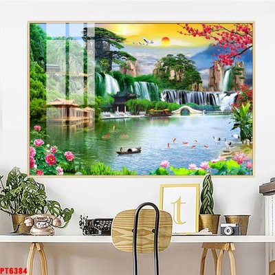 File tranh quảng cáo Tranh sơn thủy thác nước PT6384 (file gốc) chuyên nghiệp