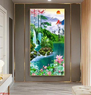 File gốc Tranh sơn thủy thác nước PT6411 (phong cách) cổ điển