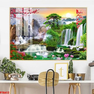 File tranh in tráng gương Tranh sơn thủy thác nước PT6412 (siêu nét)