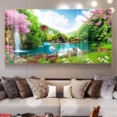 File gốc Tranh sơn thủy thác nước PT6437 (in lụa) cao cấp