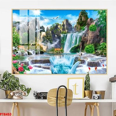 File in mica Tranh sơn thủy thác nước PT6453 (bản gốc) làm vách ngăn