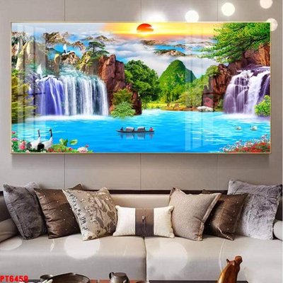 File gốc Tranh sơn thủy thác nước PT6459 (in lụa) hoa văn cổ điển