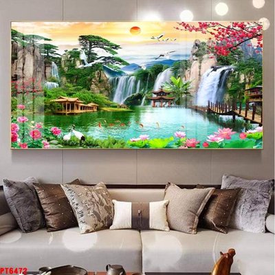 File in trần Tranh sơn thủy thác nước PT6472 (file gốc) phong thủy