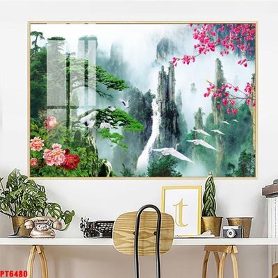 File tranh Tranh sơn thủy thác nước PT6480 (bản gốc) trang trí văn phòng