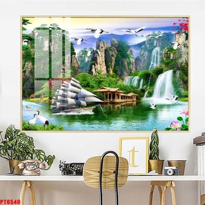 File tranh gốc Tranh sơn thủy thác nước PT6540 chủ đề hiện đại