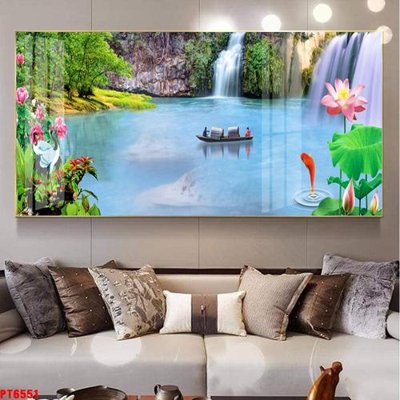 File gốc Tranh sơn thủy thác nước PT6551 (in lụa) tranh mã đáo