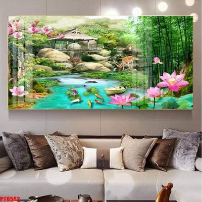 Download file gốc Tranh sơn thủy thác nước PT6562 (in lụa) hoa lá