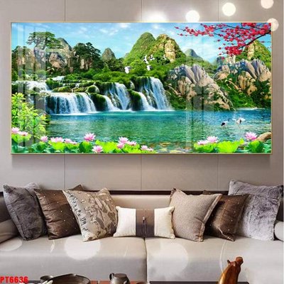 File gốc Tranh sơn thủy thác nước PT6636 (in lụa) trang trí tường