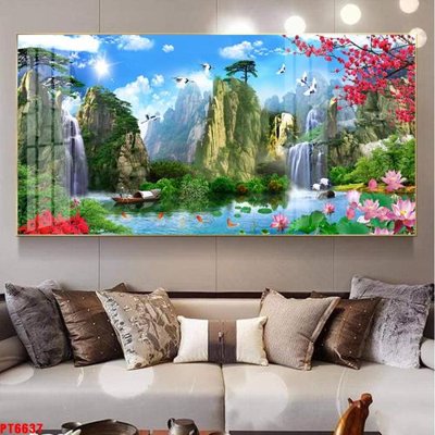 File gốc Tranh sơn thủy thác nước PT6637 (in lụa) tranh thuận buồm