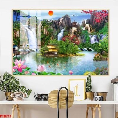 File in lụa Tranh sơn thủy thác nước PT6711 (chất lượng cao) Tranh sơn thủy thác nước PT6711
