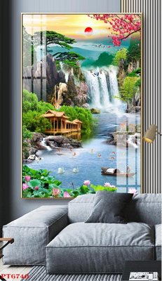 File in trần Tranh sơn thủy thác nước PT6740 (bản gốc 3D) sống động