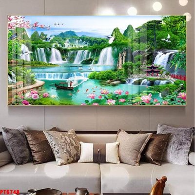 File tranh Tranh sơn thủy thác nước PT6748 (bản gốc) treo phòng ăn