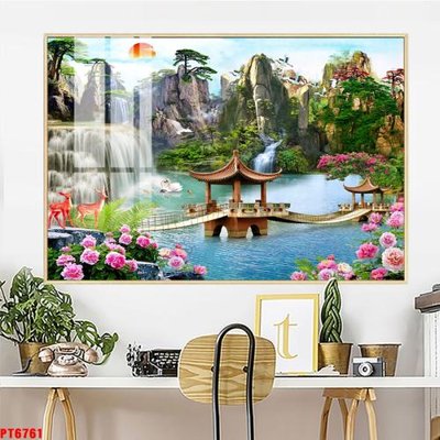 File tranh in tráng gương Tranh sơn thủy thác nước PT6761 (siêu nét)